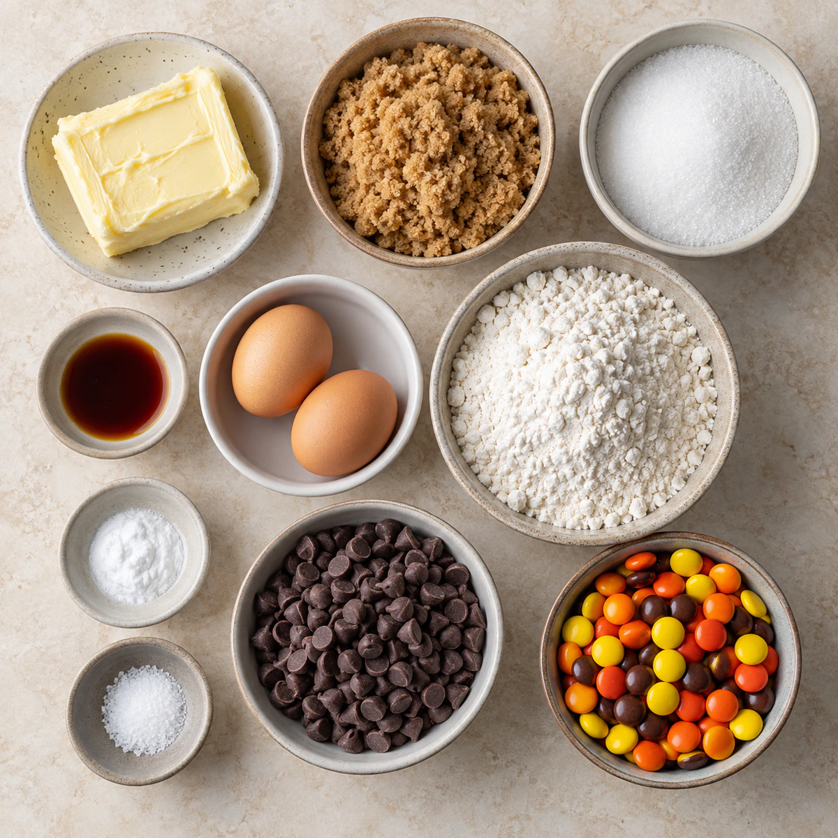 Exact measured ingredients for Reese’s Pieces Chocolate Chip Cookie Bars
