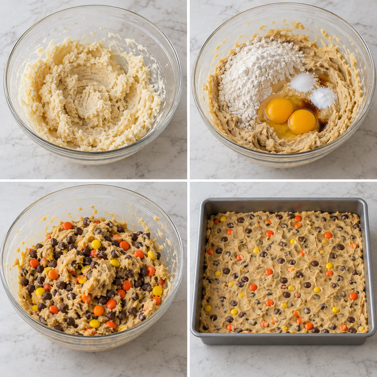 Four chronological preparation stages for Reese’s Pieces Chocolate Chip Cookie Bars