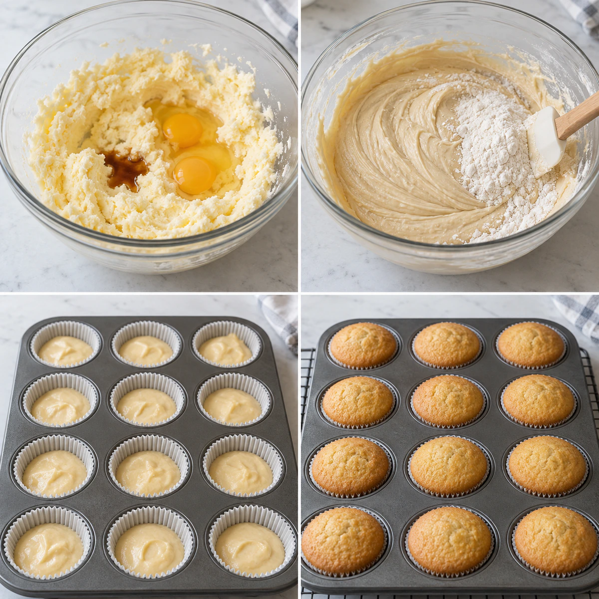 Four chronological preparation stages for Caramel Pecan Cupcakes