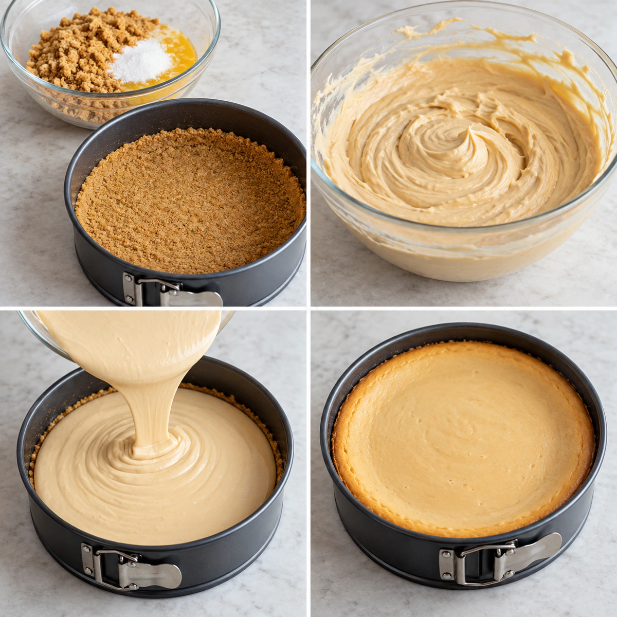 Four chronological preparation stages for Decadent Peanut Butter Cheesecake
