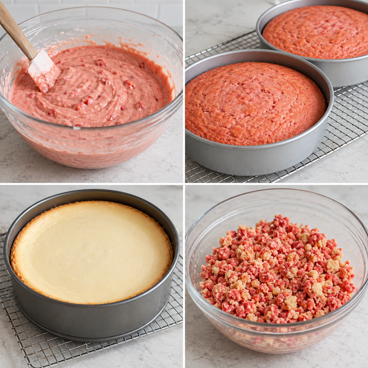 Four chronological preparation stages for Strawberry Crunch Cheesecake Cake