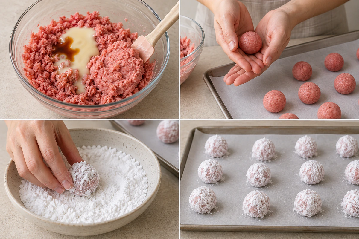 Four chronological preparation stages for Strawberry Dream Truffles