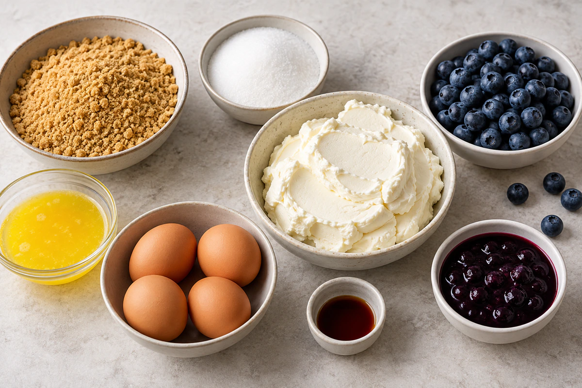 Exact measured ingredients for Blueberry Mousse Heaven Cheesecake