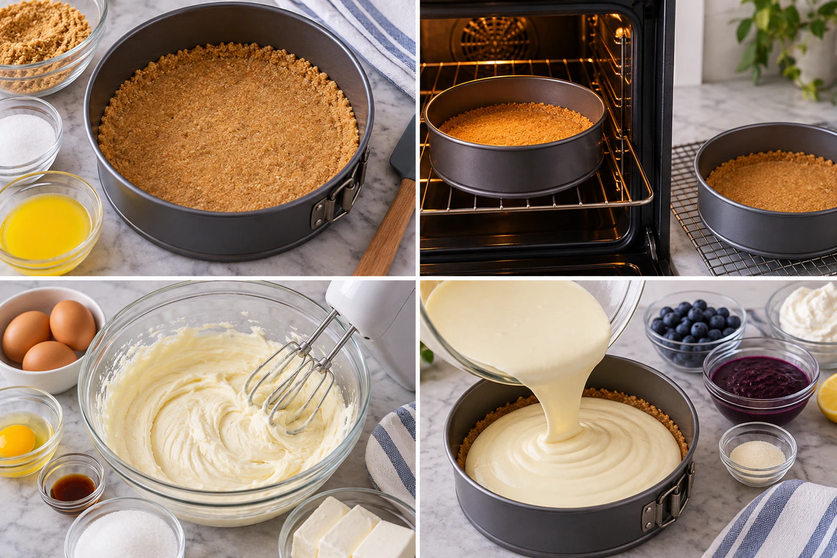 Four chronological preparation stages for Blueberry Mousse Heaven Cheesecake