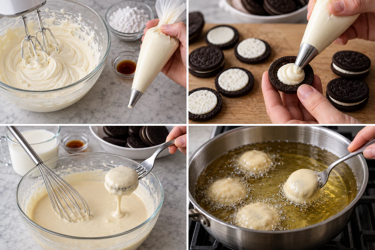 Four chronological preparation stages for Churro Cheesecake Deep Fried Oreos
