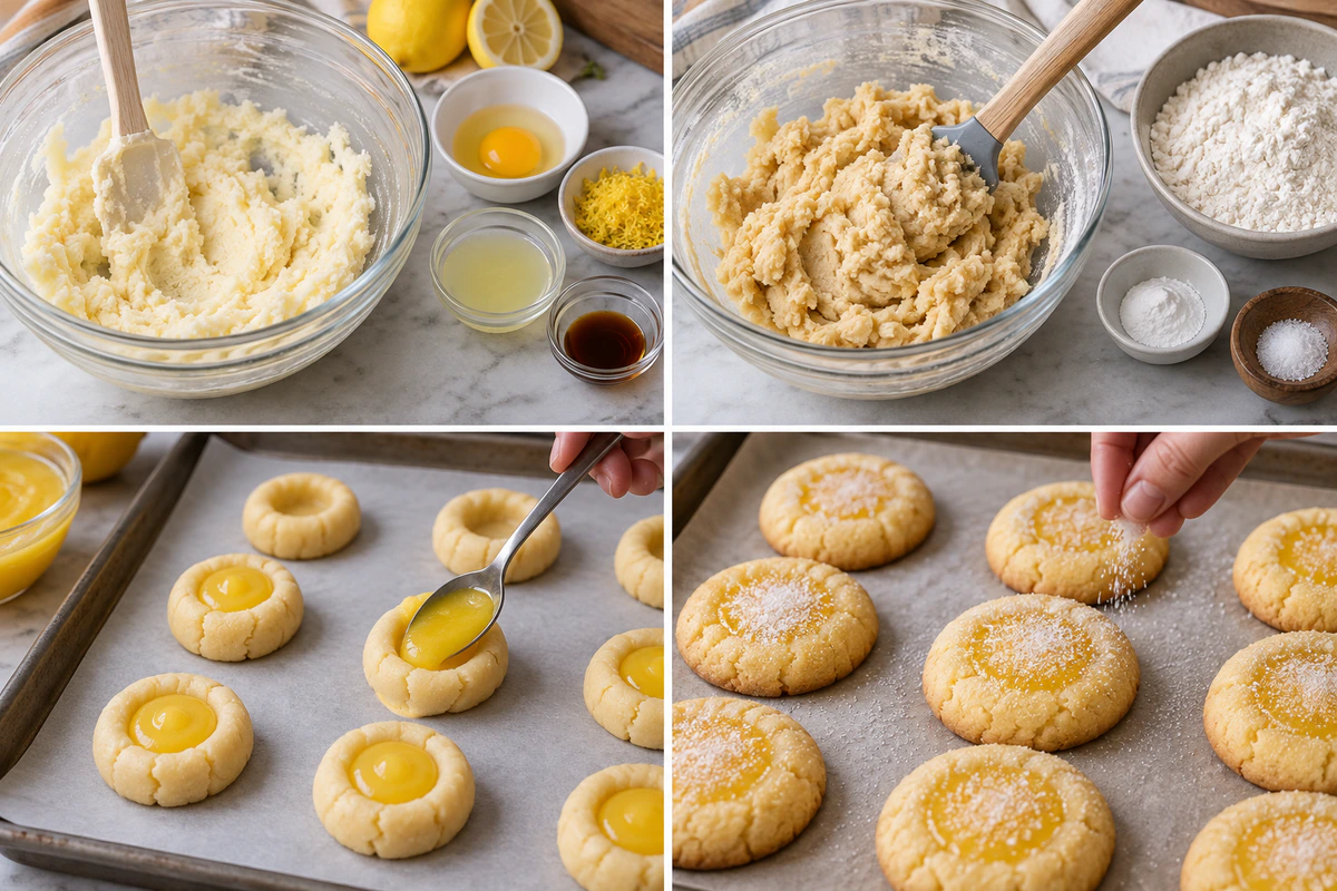 Four chronological preparation stages for Lemon Curd Crème Brûlée Cookies
