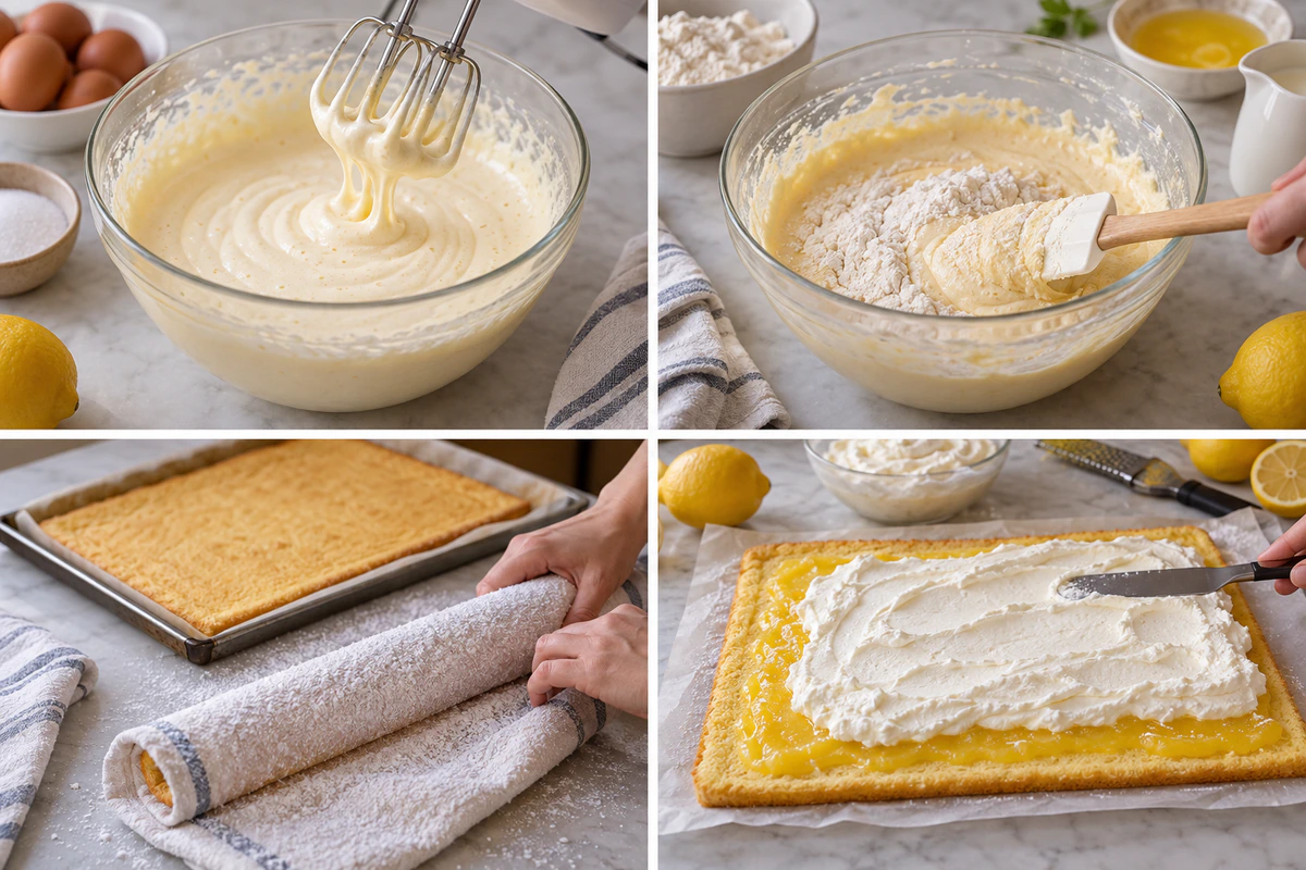 Four chronological preparation stages for Luscious Lemon Cream Roll Cake