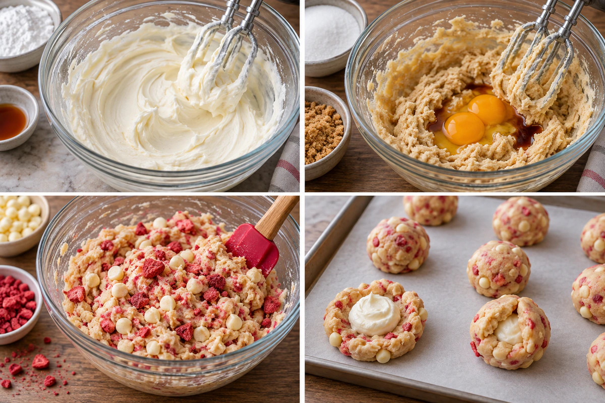 Four chronological preparation stages for Stuffed Strawberry Shortcake Indulgence Cookies