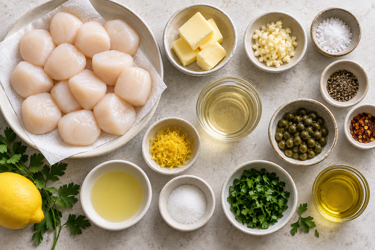 Exact measured ingredients for Pan-Seared Scallops with Lemon Caper Sauce