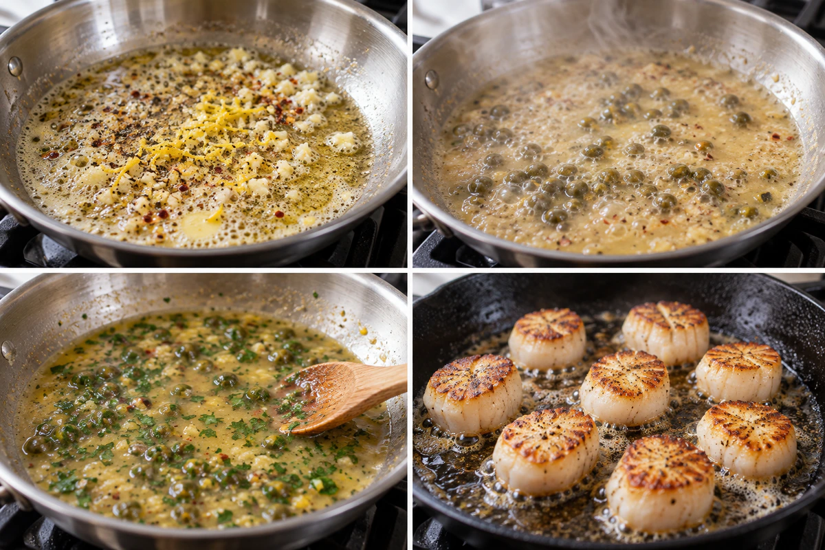Four chronological preparation stages for Pan-Seared Scallops with Lemon Caper Sauce