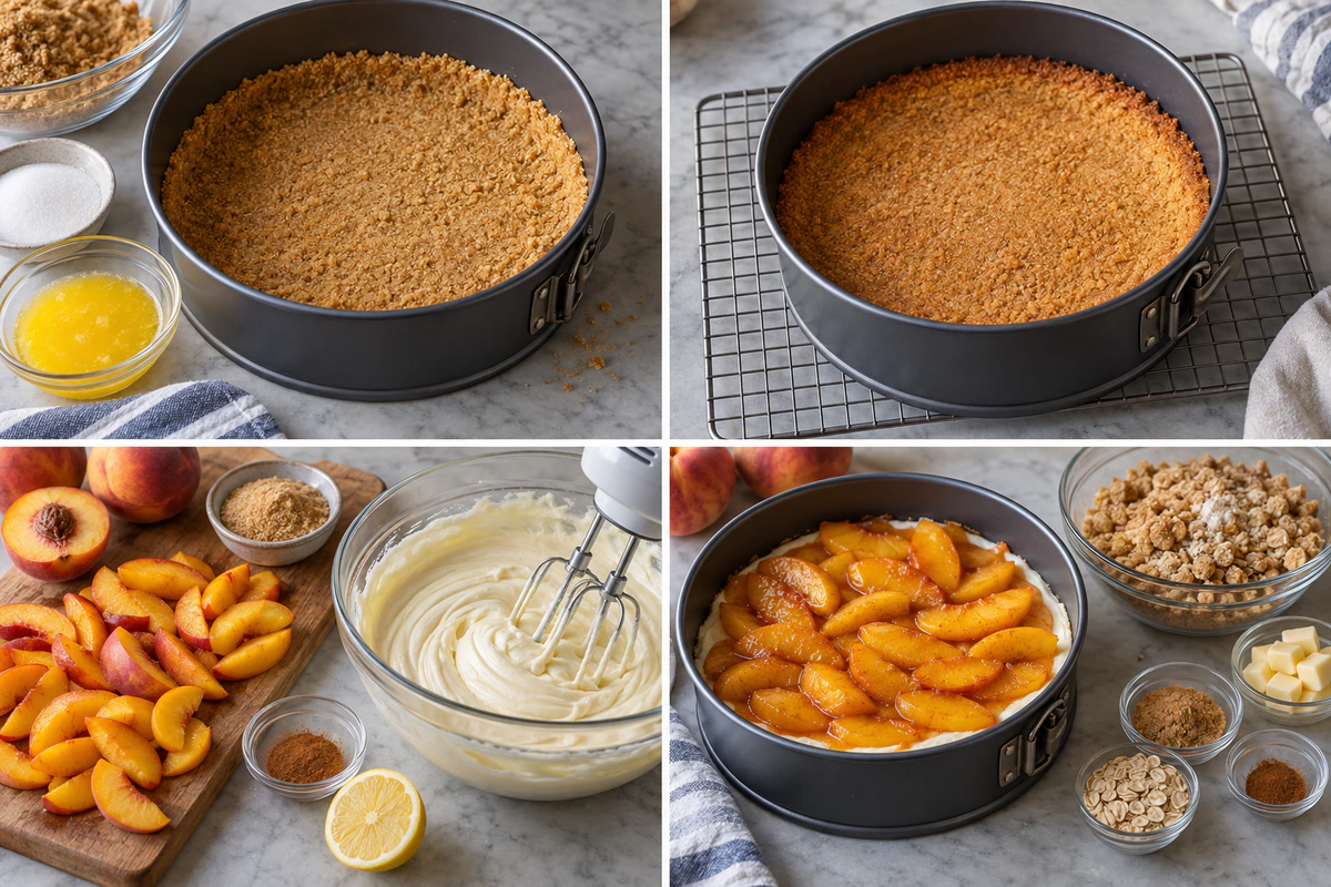 Four chronological preparation stages for Peach Cobbler Stuffed Cheesecake