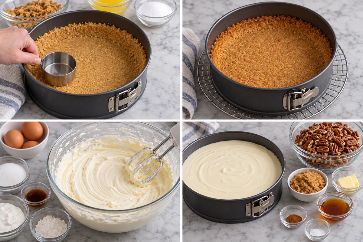 Four chronological preparation stages for Pecan Pie Cheesecake