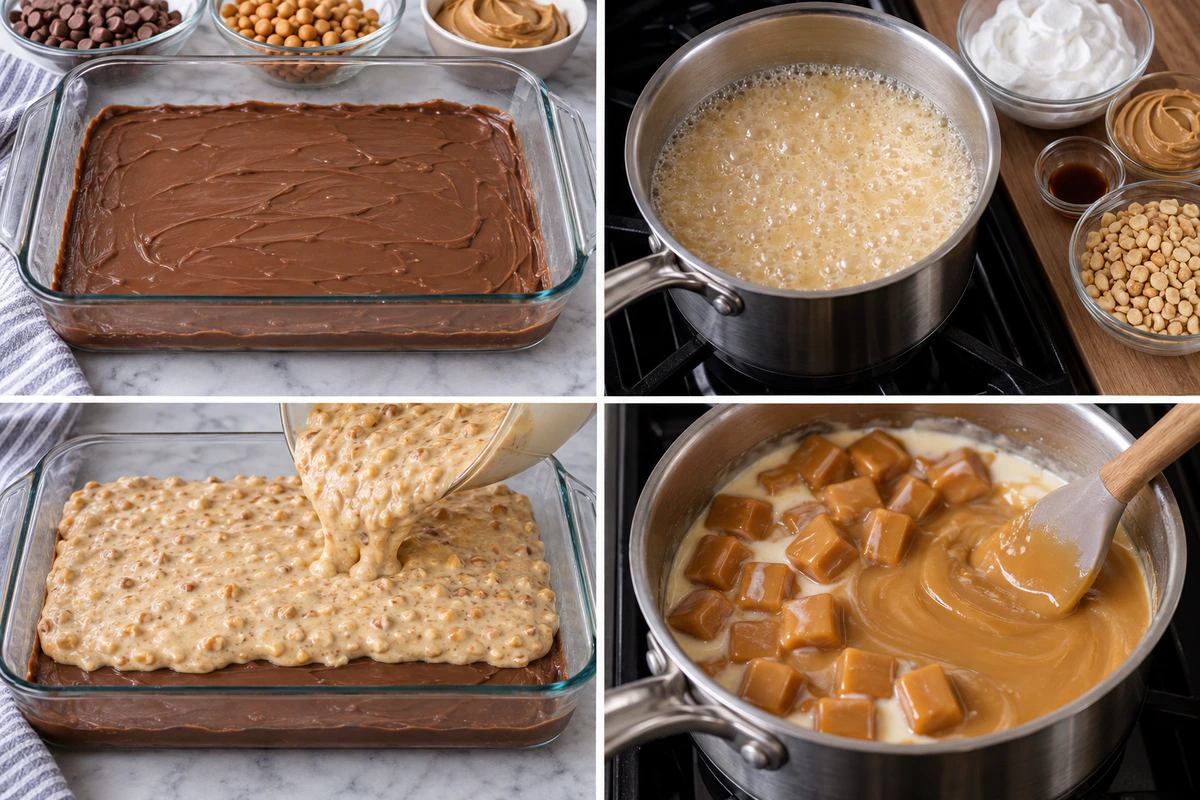 Four chronological preparation stages for Snickers Fudge