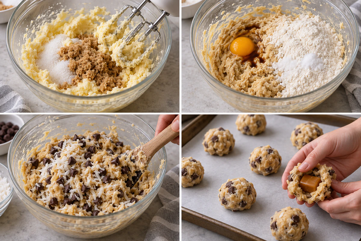 Four chronological preparation stages for Stuffed Samoa Cookies