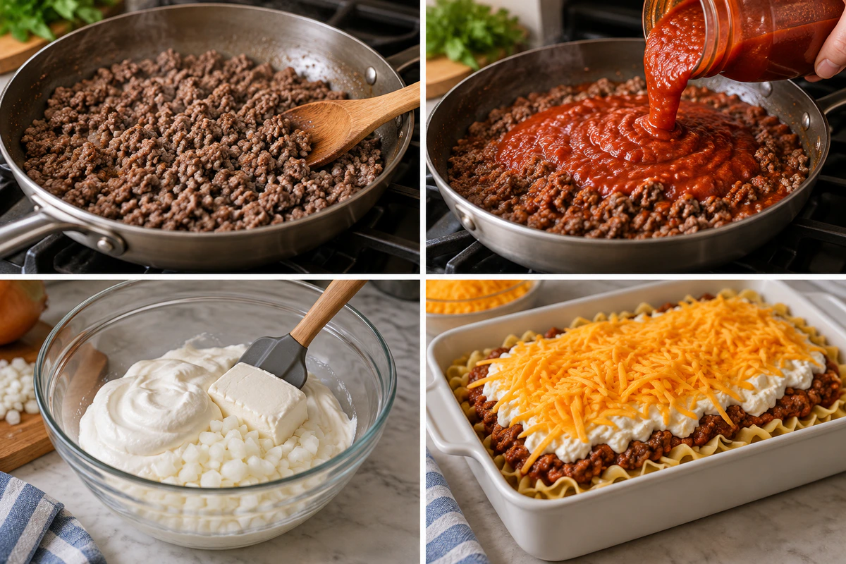 Four chronological preparation stages for Classic Husband’s Delight Casserole