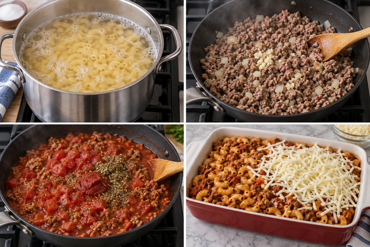 Four chronological preparation stages for Homemade Beefaroni