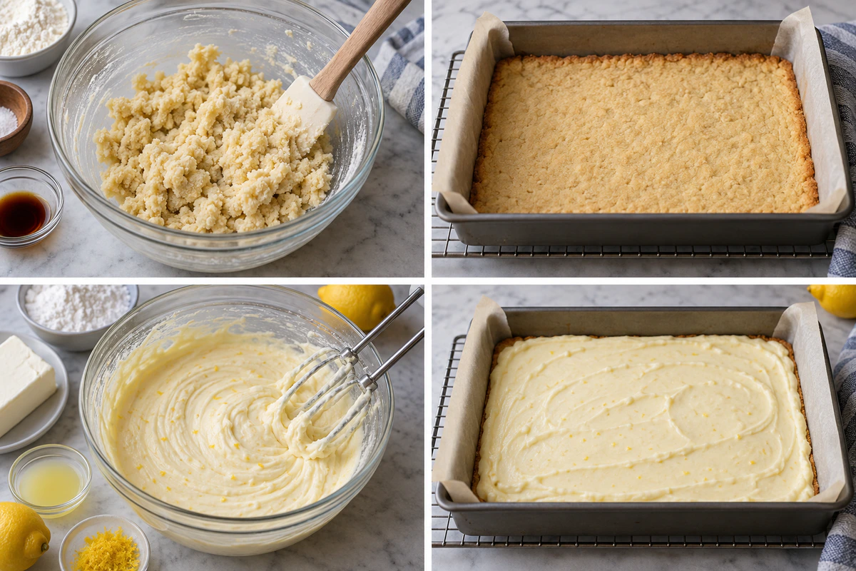 Four chronological preparation stages for Lemon Cream Cheese Squares