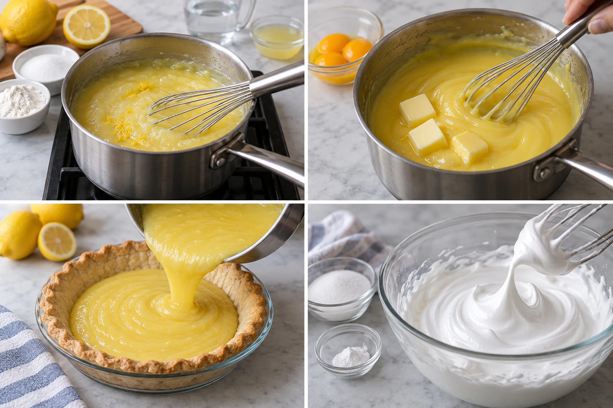 Four chronological preparation stages for Lemon Meringue Pie Bliss