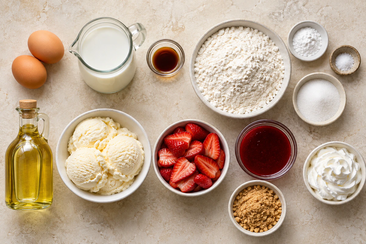 Exact measured ingredients for Strawberry Cheesecake Funnel Cake Sundae