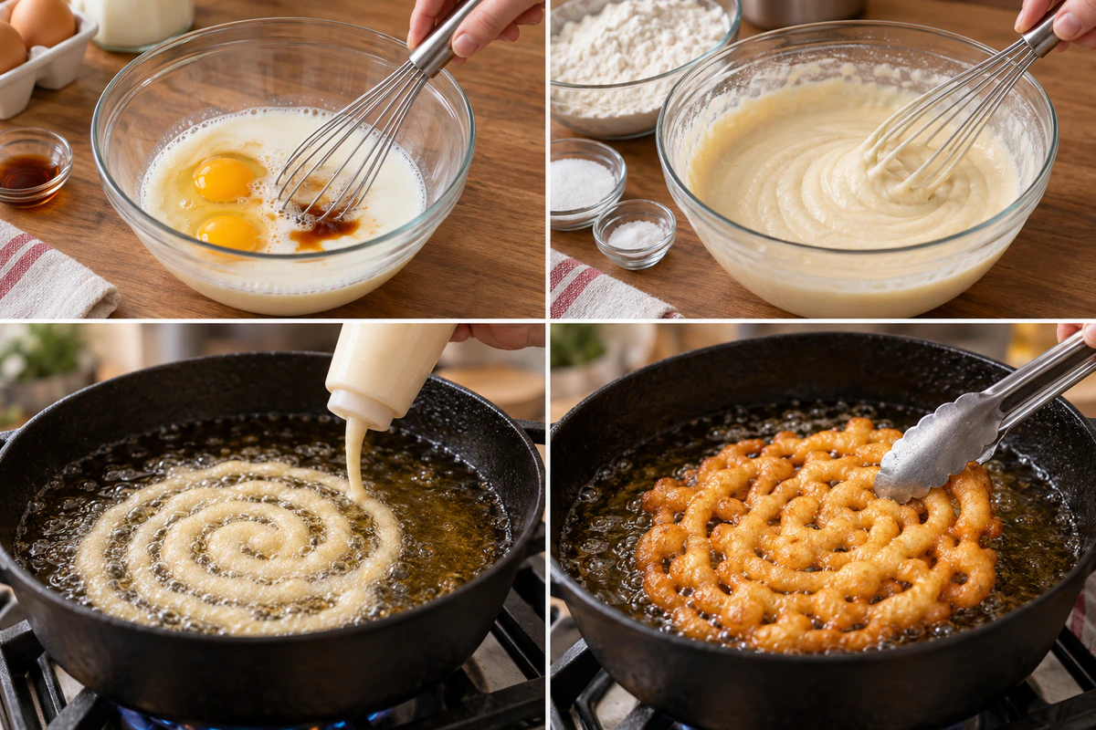 Four chronological preparation stages for Strawberry Cheesecake Funnel Cake Sundae