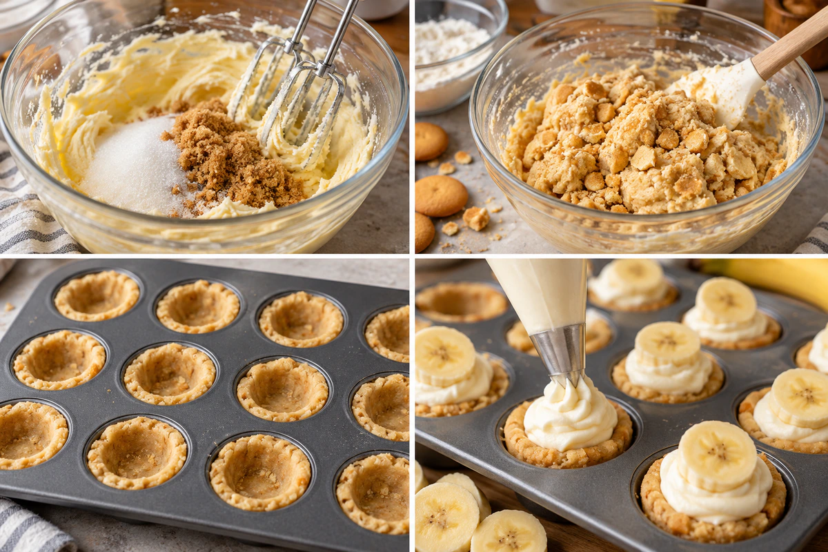 Four chronological preparation stages for Banana Pudding Cheesecake Bites