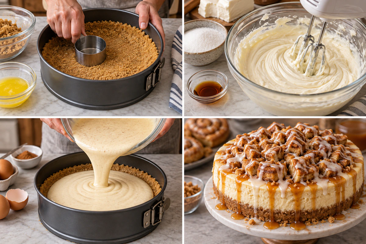 Four chronological preparation stages for Honey Bun Cheesecake
