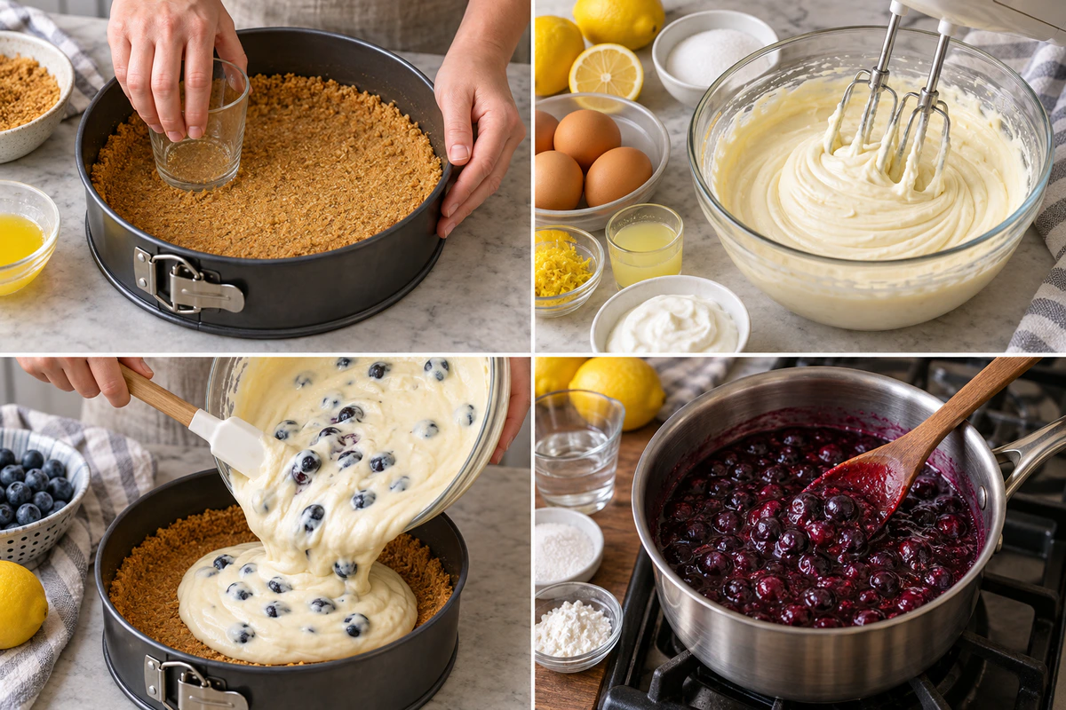 Four chronological preparation stages for Lemon Blueberry Cheesecake Slice