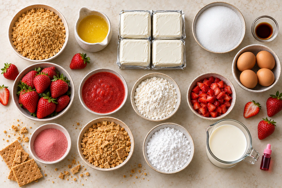 Exact measured ingredients for Strawberry Crunch Cheesecake Slice with Strawberry Pink Cream Icing