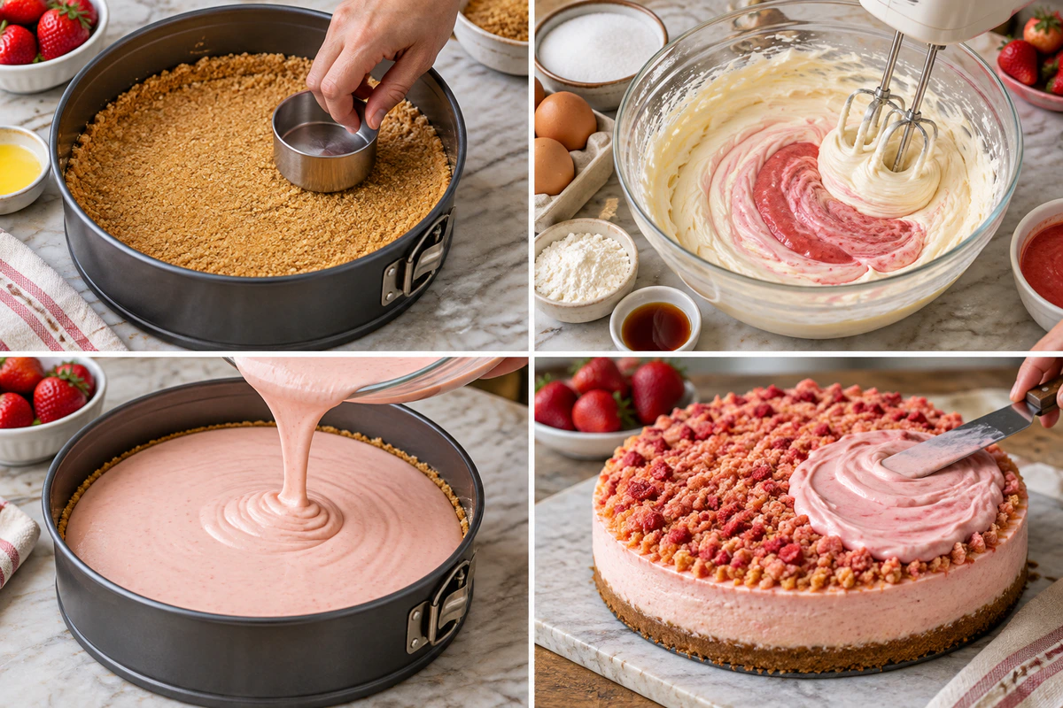 Four chronological preparation stages for Strawberry Crunch Cheesecake Slice with Strawberry Pink Cream Icing