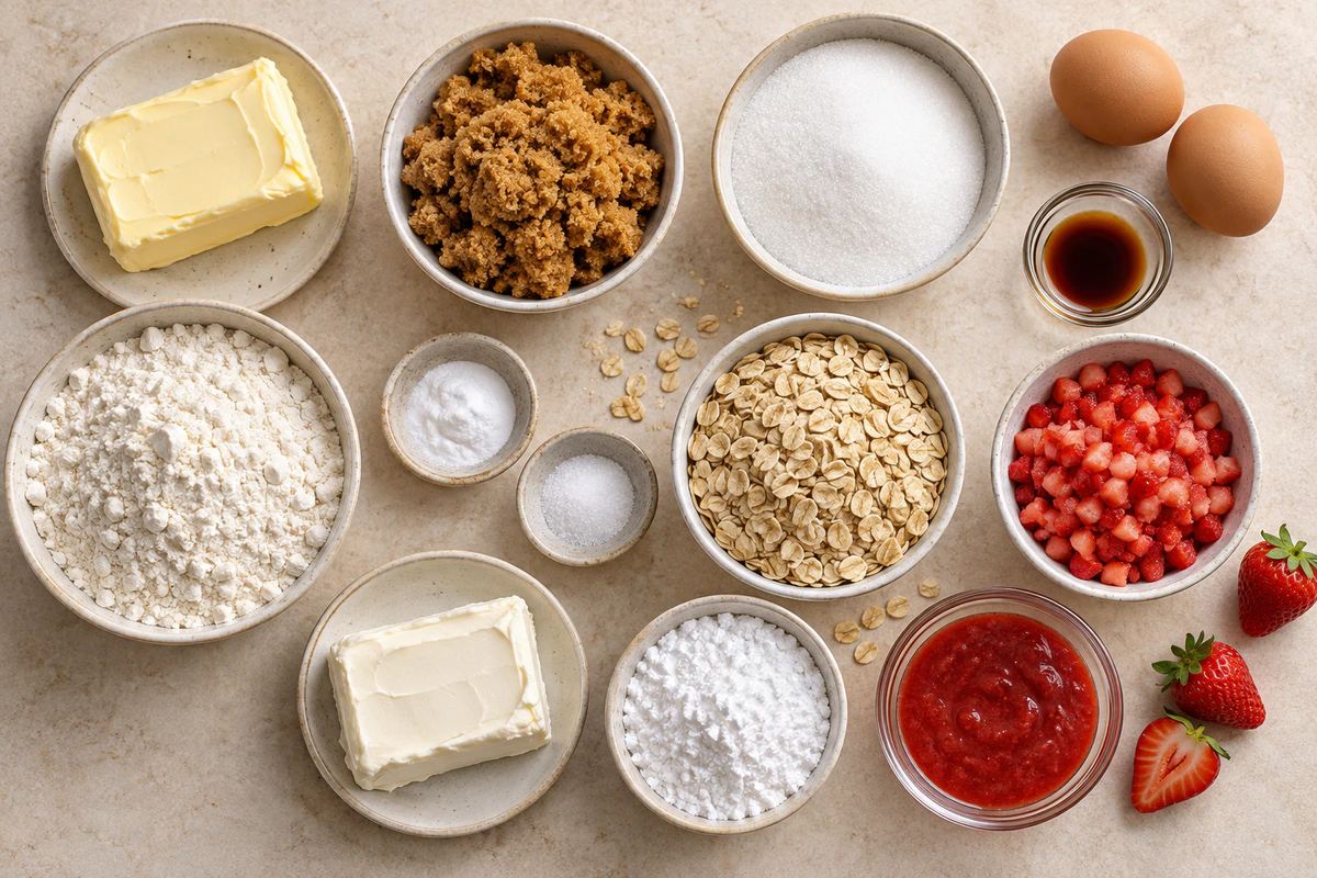 Exact measured ingredients for Strawberry Oatmeal Cookies with Pink Strawberry Cream Cheese Icing