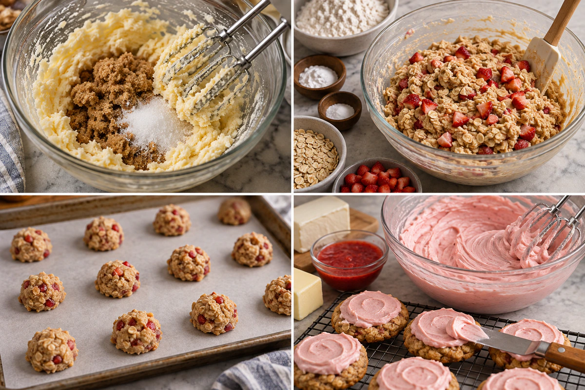 Four chronological preparation stages for Strawberry Oatmeal Cookies with Pink Strawberry Cream Cheese Icing