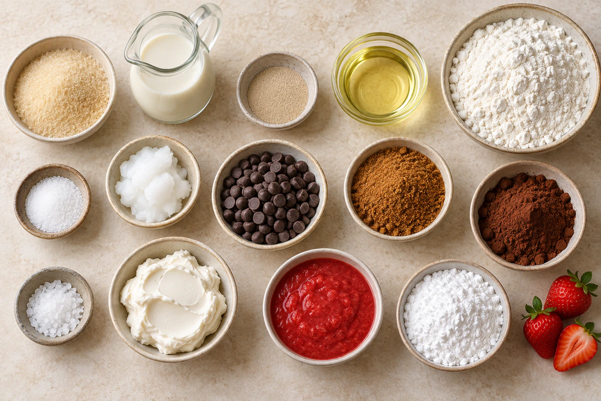 Exact measured ingredients for Chocolate Rolls With Strawberry Cream Cheese Frosting