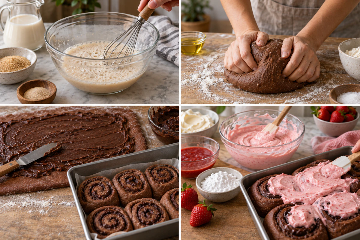 Four chronological preparation stages for Chocolate Rolls With Strawberry Cream Cheese Frosting