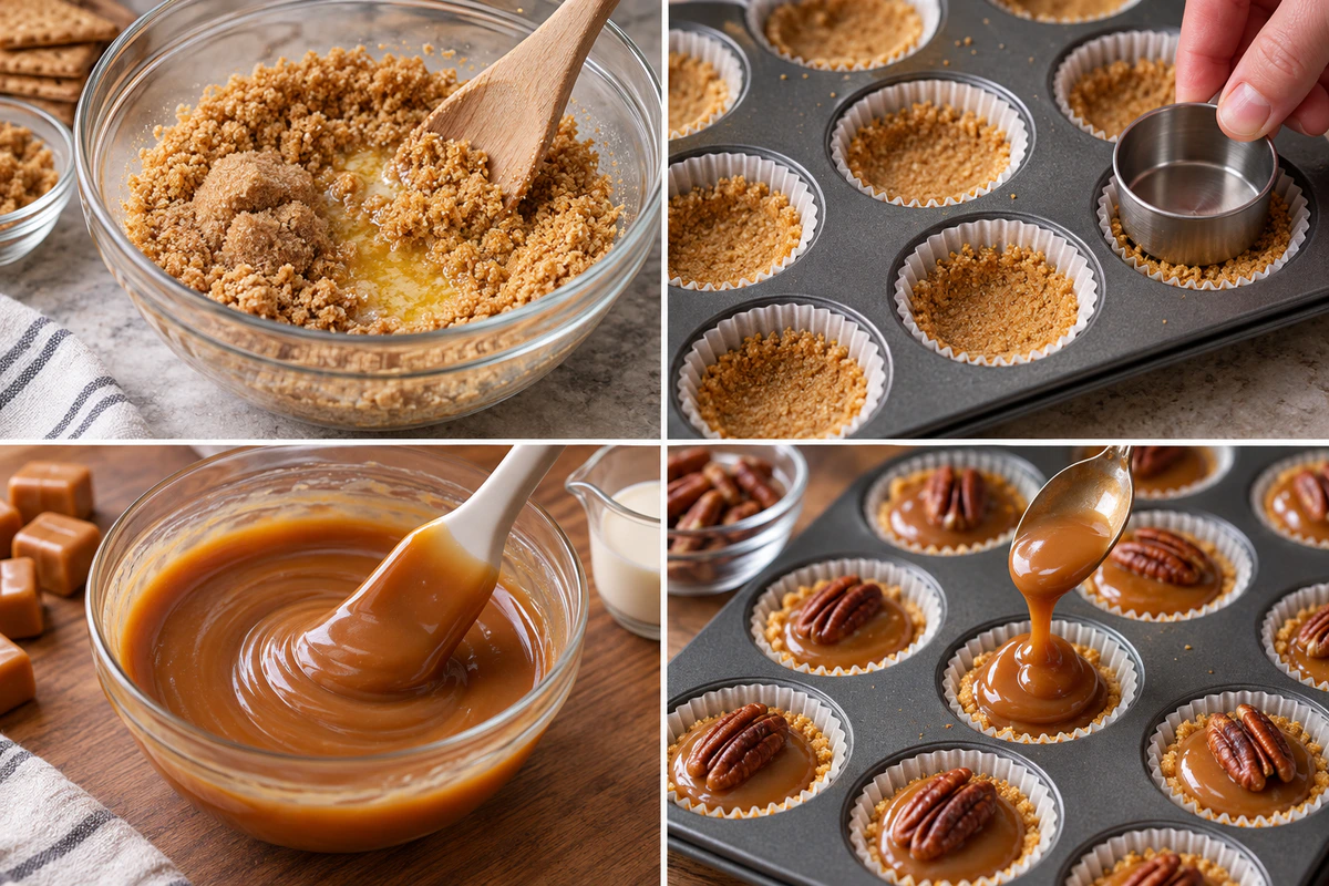 Four chronological preparation stages for Extra Pecan Caramel Bites