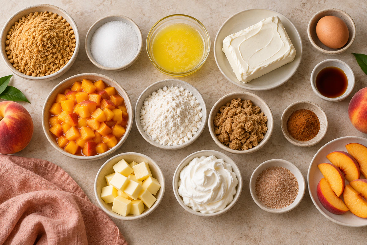 Exact measured ingredients for Mini Peach Cobbler Cheesecakes