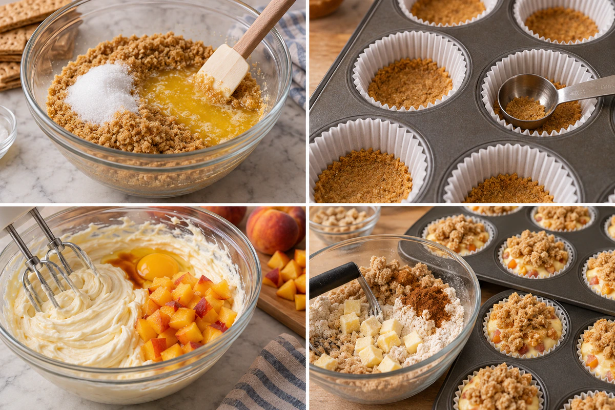 Four chronological preparation stages for Mini Peach Cobbler Cheesecakes