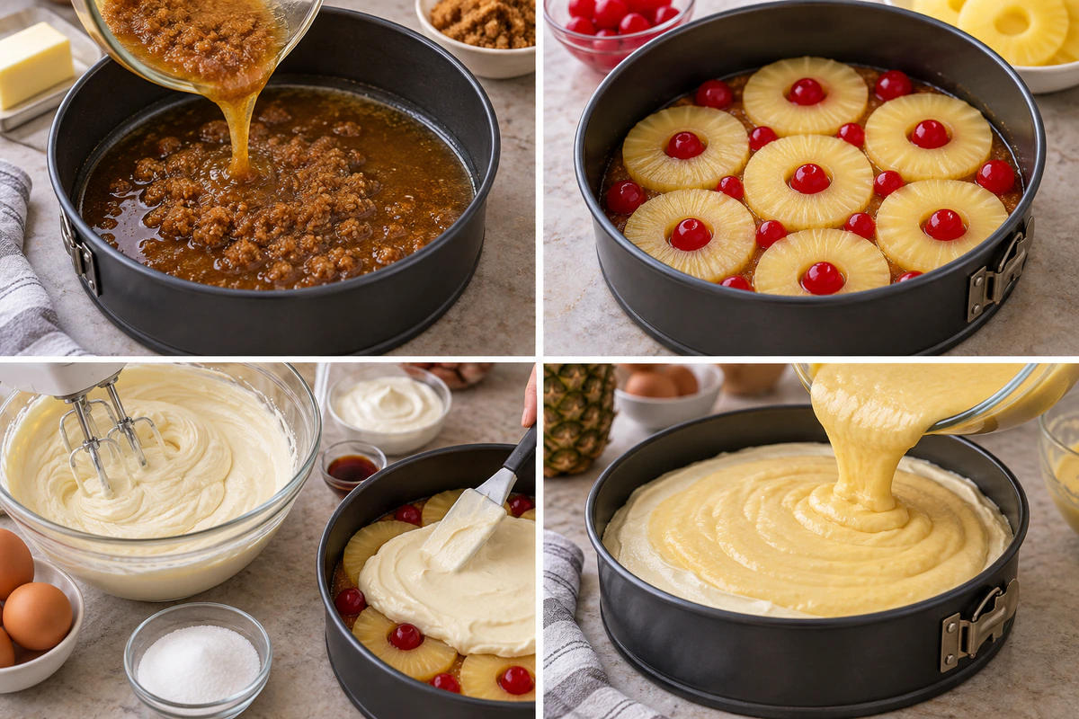 Four chronological preparation stages for Pineapple Upside-down Cheesecake