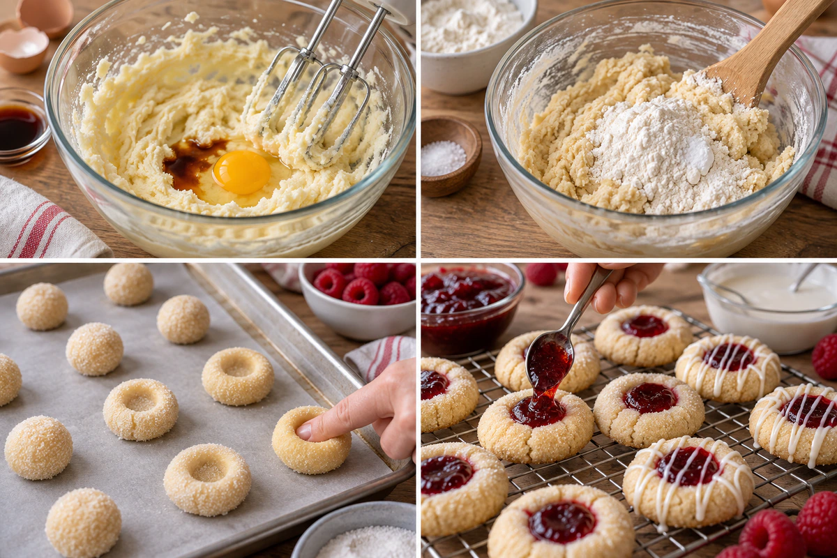 Four chronological preparation stages for Raspberry Thumbprint Cookies