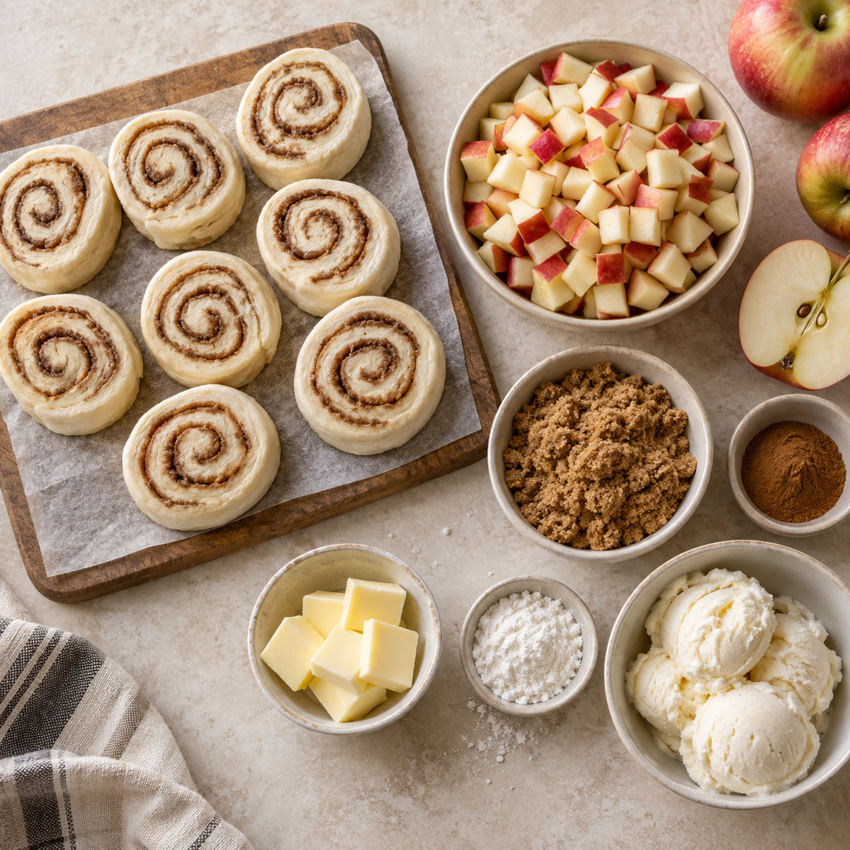 Exact measured ingredients for Apple Cinnamon Rolls with Vanilla Ice Cream on Top