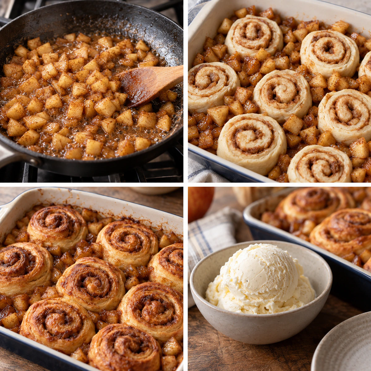Four chronological preparation stages for Apple Cinnamon Rolls with Vanilla Ice Cream on Top