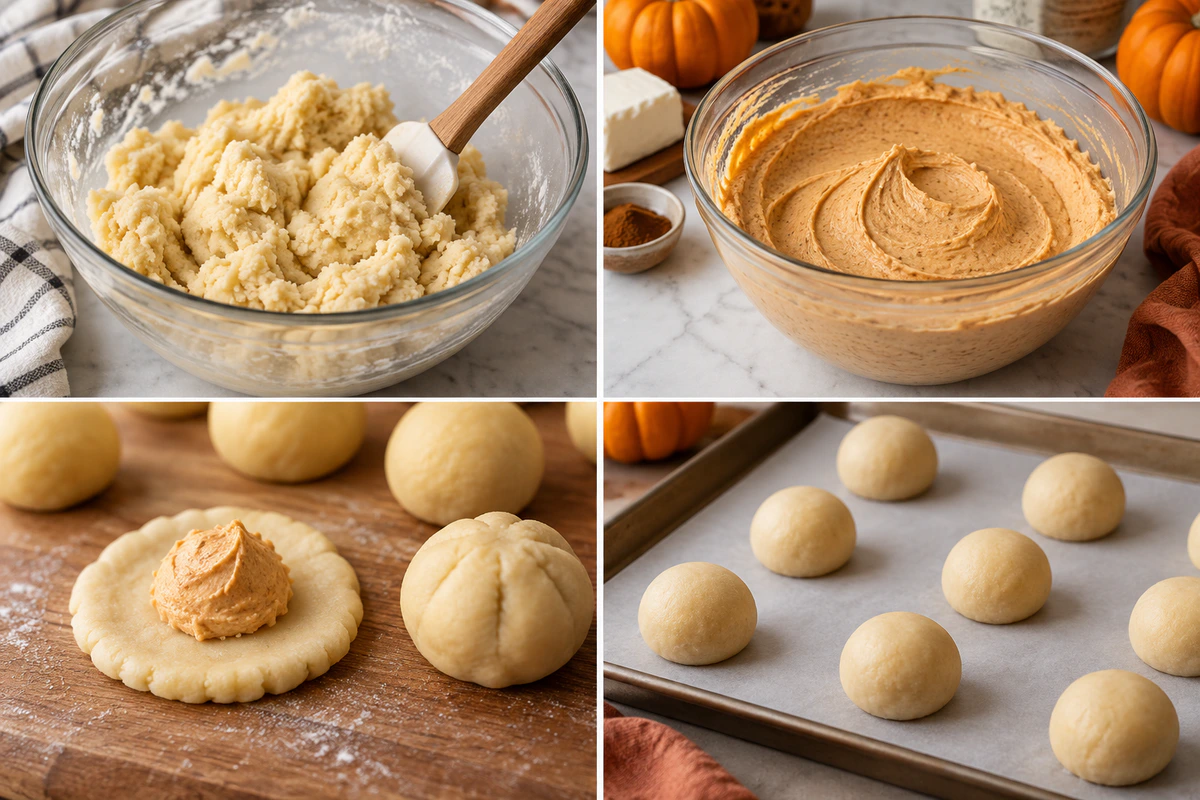 Four chronological preparation stages for Pumpkin Spice Cheesecake-Stuffed Sugar Cookies