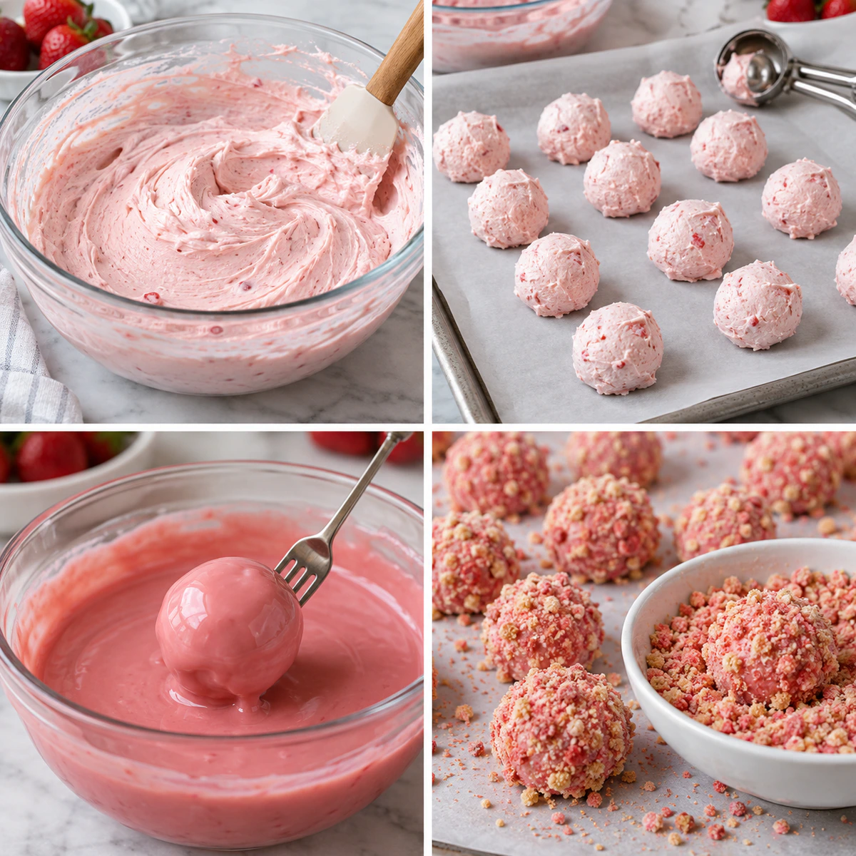 Four chronological preparation stages for Strawberry Cheesecake Crunch Bites