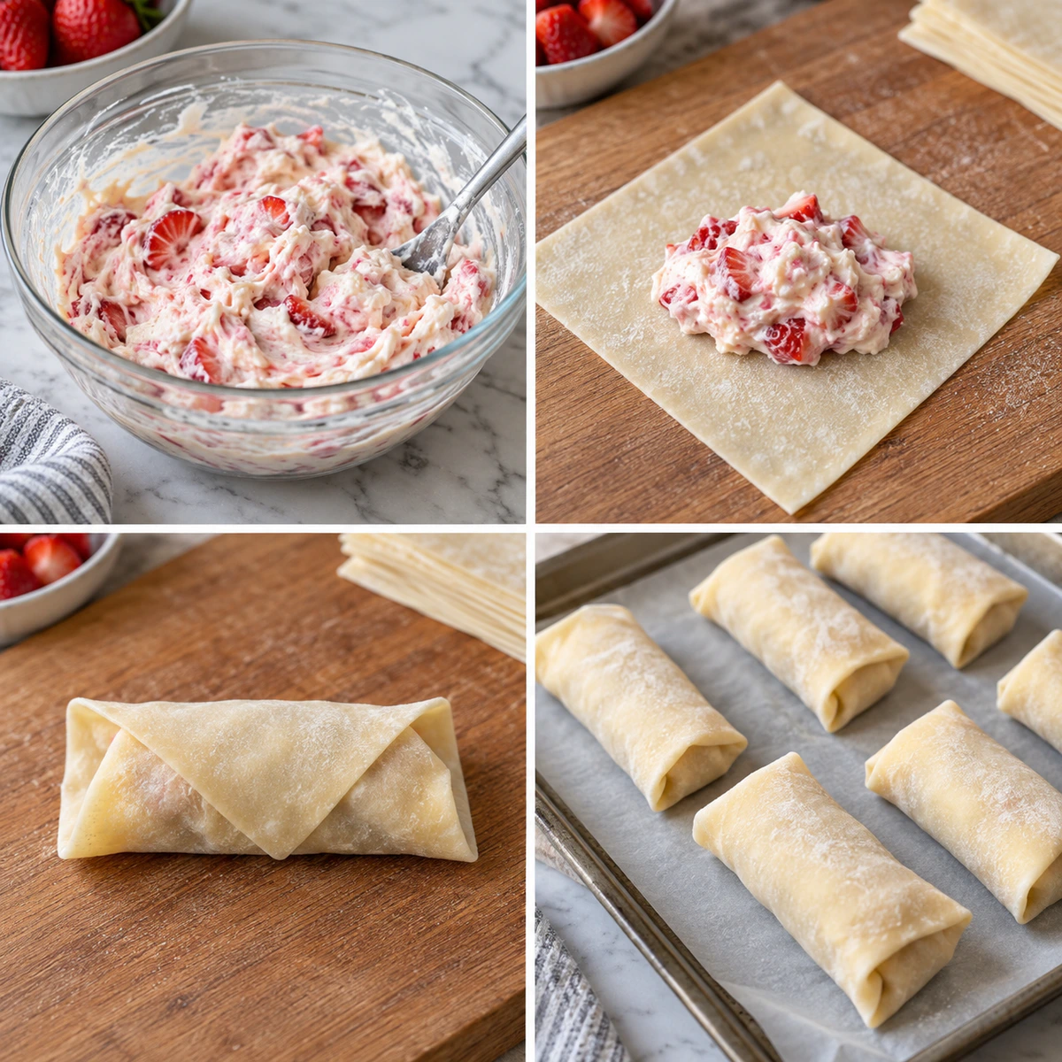 Four chronological preparation stages for Strawberry Cheesecake Stuffed Eggrolls