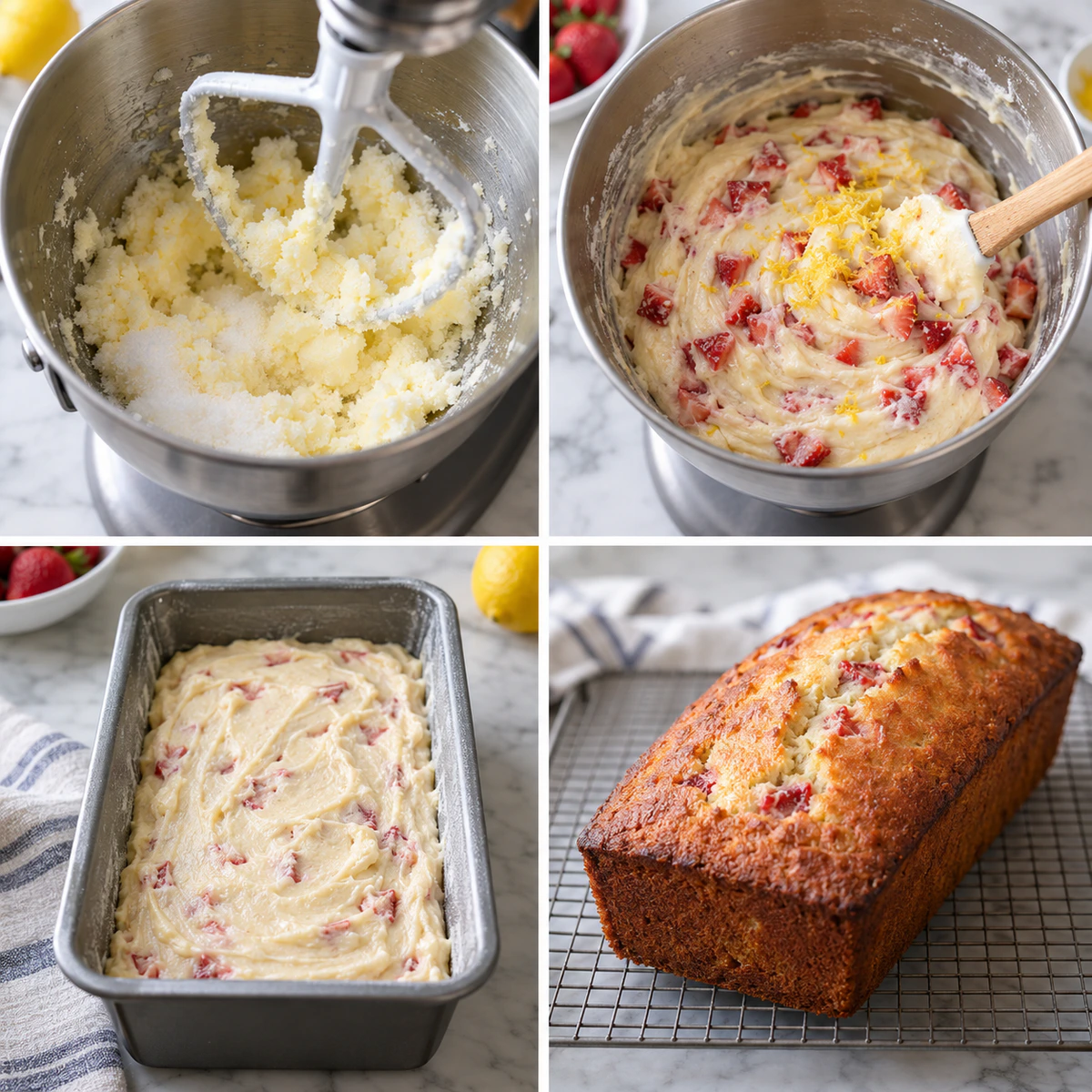 Four chronological preparation stages for Strawberry Lemonade Pound Cake Loaf
