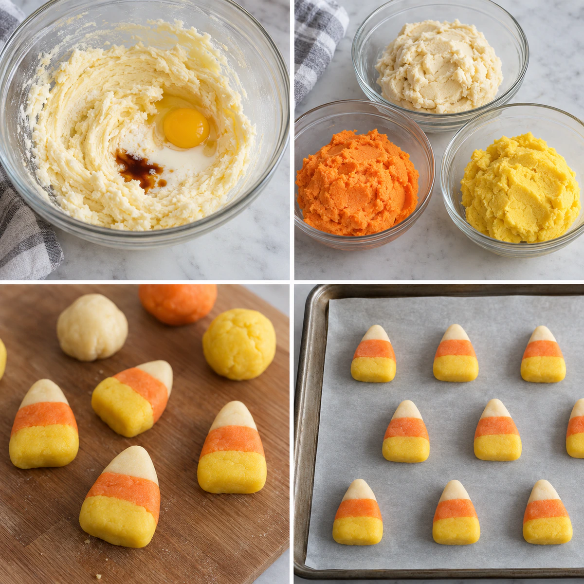 Four chronological preparation stages for Candy Corn Sugar Cookies