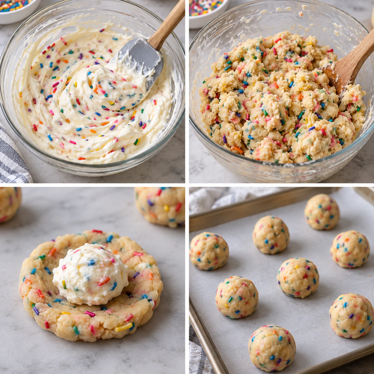 Four chronological preparation stages for Funfetti Stuffed Cheesecake Cookies