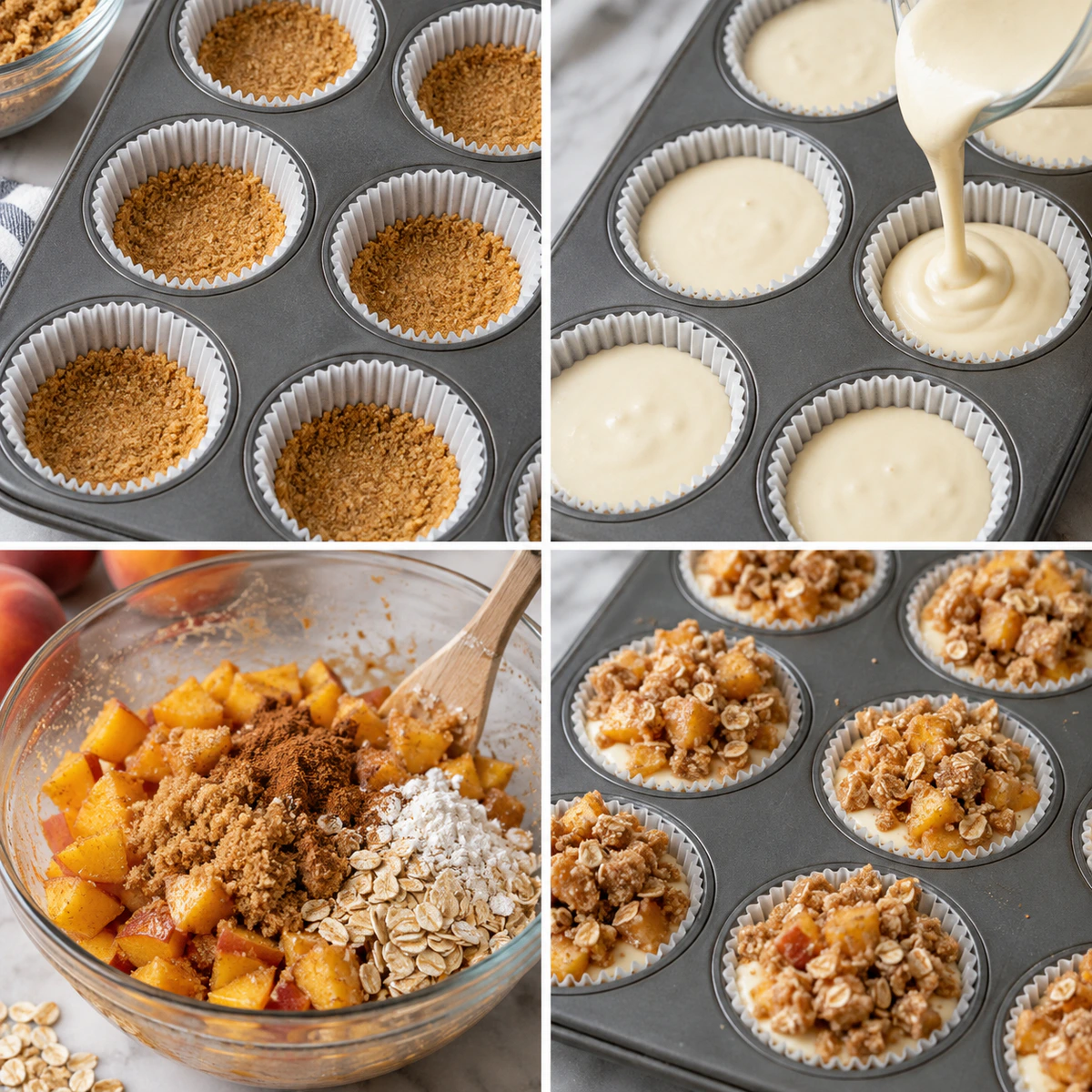 Four chronological preparation stages for Peach Cobbler Cheesecake Cupcakes