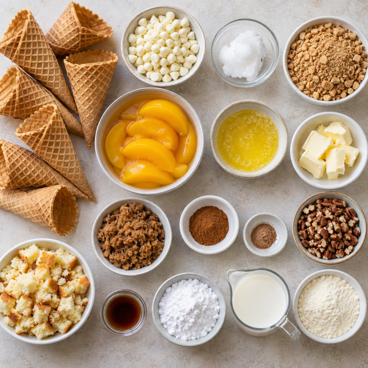Exact measured ingredients for Peach Cobbler Stuffed Cones