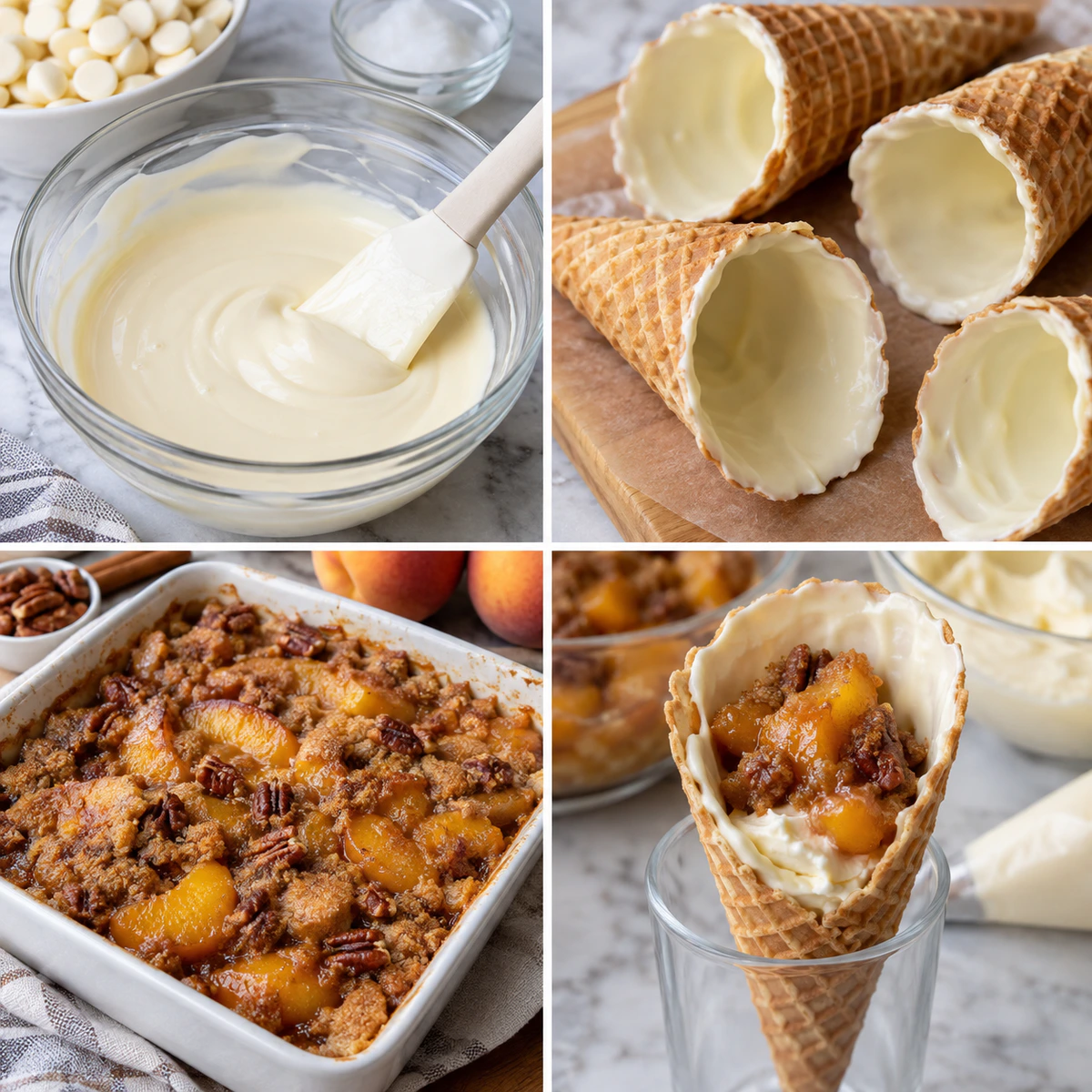 Four chronological preparation stages for Peach Cobbler Stuffed Cones