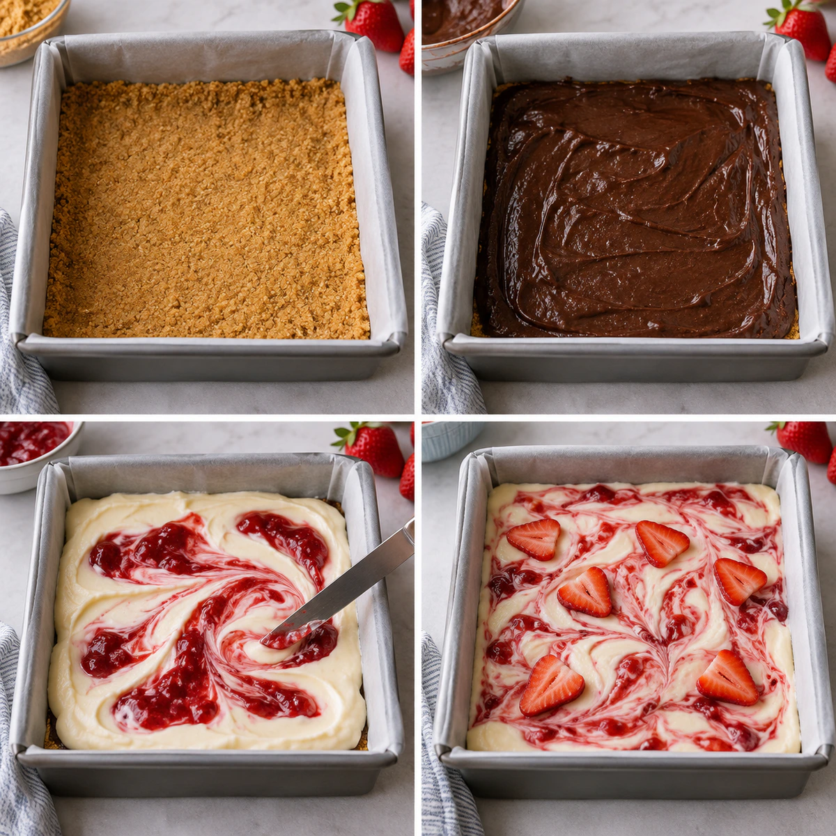 Four chronological preparation stages for Strawberry Cheesecake Brownies With Graham Cracker Bottom
